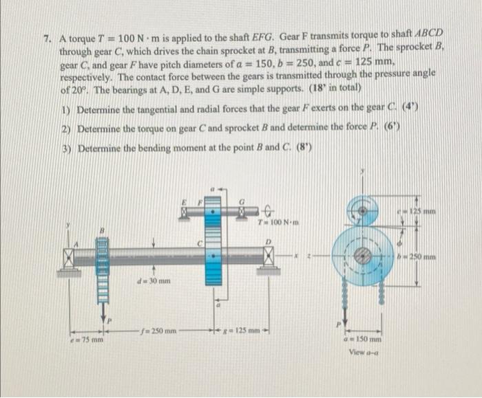 7 A Torque T 100 N M Is Applied To The Shaft Efg Gear F Transmits Torque To Shaft Abcd Through Gear C Which Drives 1