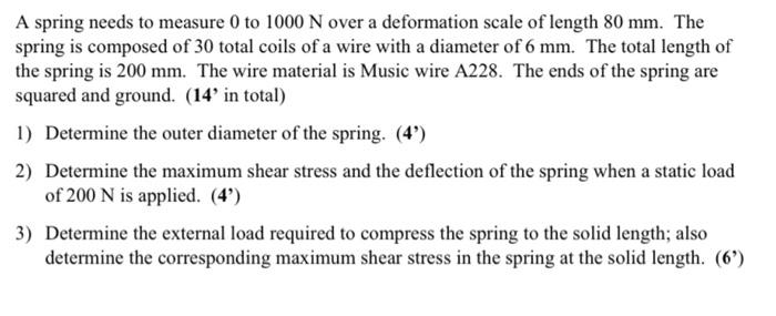 A Spring Needs To Measure 0 To 1000 N Over A Deformation Scale Of Length 80 Mm The Spring Is Composed Of 30 Total Coils 1