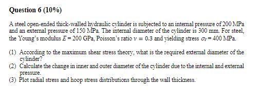 Question 6 10 A Steel Open Ended Thick Walled Hydraulic Cylinder Is Subjected To An Internal Pressure Of 200 Mpa And 1