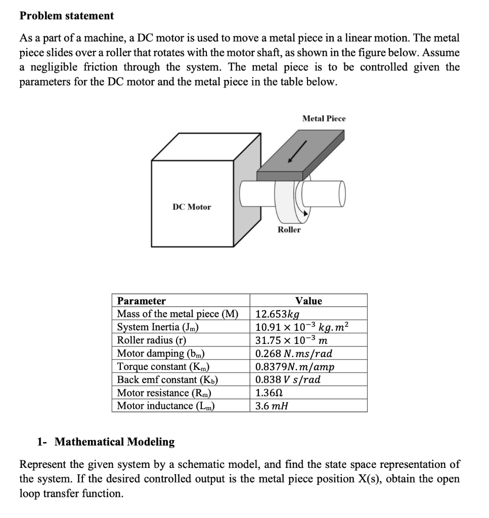 Problem Statement As A Part Of A Machine A Dc Motor Is Used To Move A Metal Piece In A Linear Motion The Metal Piece S 1