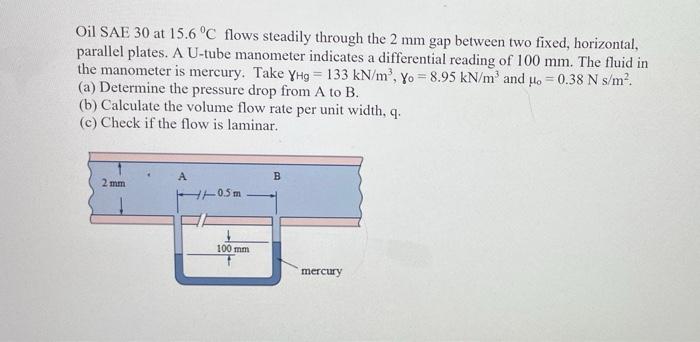 Oil Sae 30 At 15 6 C Flows Steadily Through The 2 Mm Gap Between Two Fixed Horizontal Parallel Plates A U Tube Manome 1