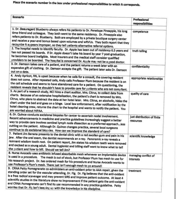 Place The Scenario Number In The Box Under Professional Responsibilities To Which It Corresponds Scenarlo Professional 1