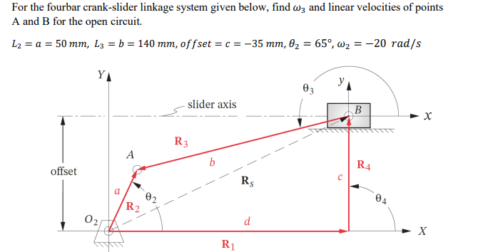 For The Fourbar Crank Slider Linkage System Given Below Find W3 And Linear Velocities Of Points A And B For The Open Ci 1