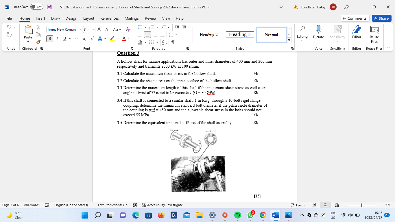 W Autosave Off Stl2615 Assignment 1 Stress Strain Torsion Of Shafts And Springs 2022 Docx Saved To This Pc O A Kon 1