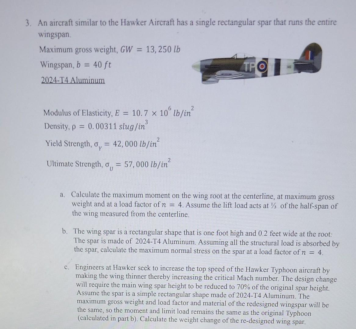 3 An Aircraft Similar To The Hawker Aircraft Has A Single Rectangular Spar That Runs The Entire Wingspan Maximum Gross 1