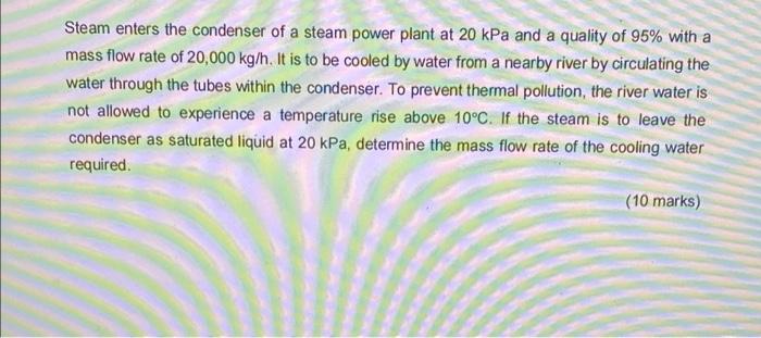 Steam Enters The Condenser Of A Steam Power Plant At 20 Kpa And A Quality Of 95 With A Mass Flow Rate Of 20 000 Kg H I 1