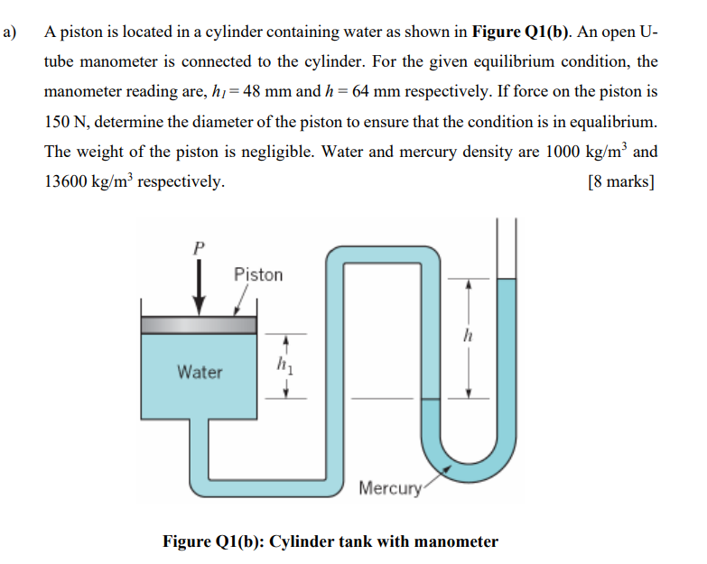 A A Piston Is Located In A Cylinder Containing Water As Shown In Figure Q1 B An Open U Tube Manometer Is Connected T 1