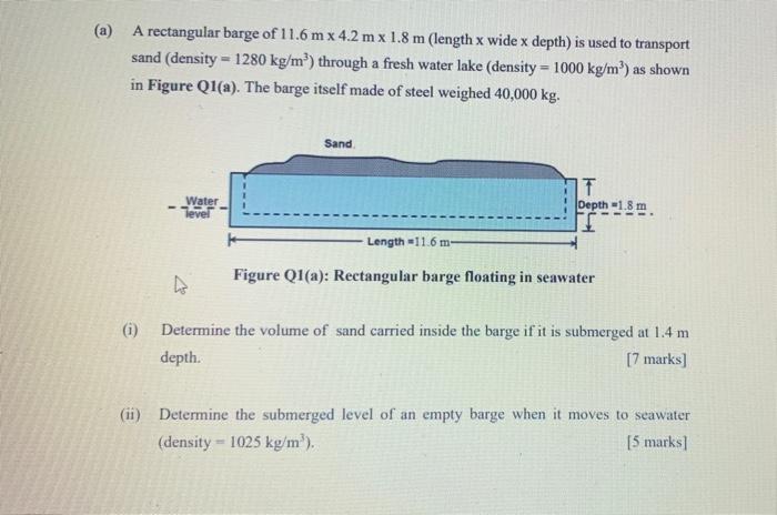 A A Rectangular Barge Of 11 6 M X 4 2 Mx 1 8 M Length X Wide X Depth Is Used To Transport Sand Density 1280 Kg M 1
