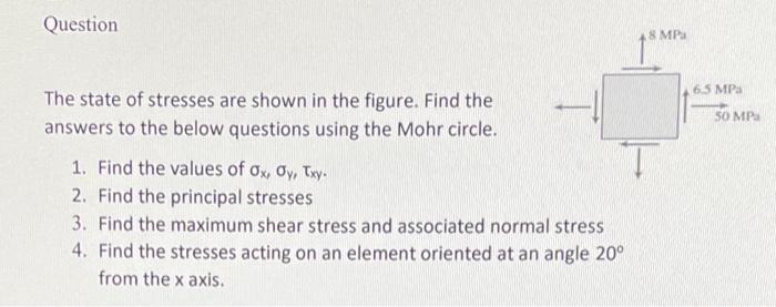 Question 8 Mp 65 Mpa The State Of Stresses Are Shown In The Figure Find The Answers To The Below Questions Using The Mo 1