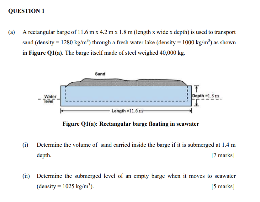 Question 1 A A Rectangular Barge Of 11 6 M X 4 2 M X 1 8 M Length X Wide X Depth Is Used To Transport Sand Density 1