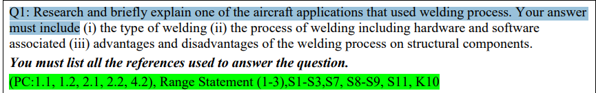 Q1 Research And Briefly Explain One Of The Aircraft Applications That Used Welding Process Your Answer Must Include I 1