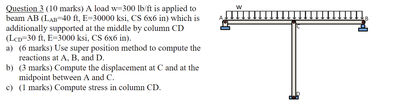 W Question 3 10 Marks A Load W 300 Lb Ft Is Applied To Beam Ab Lab 40 Ft E 30000 Ksi Cs 6x6 In Which Is Additional 1