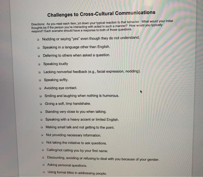 Challenges To Cross Cultural Communications Directions As You Read Each Item Jot Down Your Typical Reaction To That Be 1