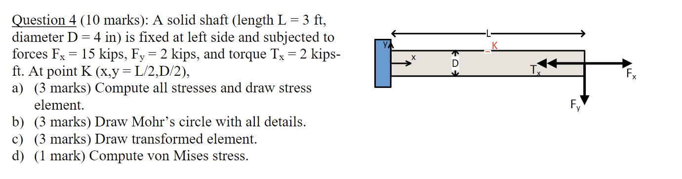 Fx Question 4 10 Marks A Solid Shaft Length L 3 Ft Diameter D 4 In Is Fixed At Left Side And Subjected 1