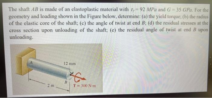 The Shaft Ab Is Made Of An Elastoplastic Material With Ty 92 Mpa And G 35 Gpa For The Geometry And Loading Shown In T 2