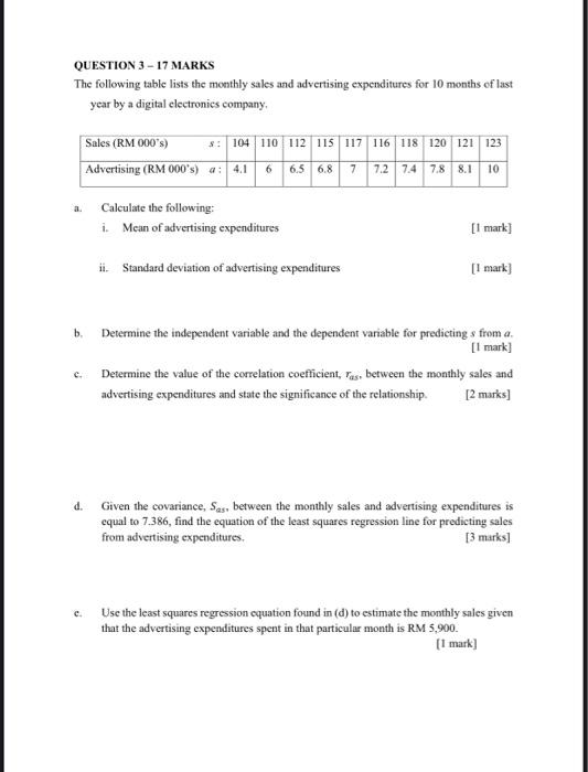 Question 3 17 Marks The Following Table Lists The Monthly Sales And Advertising Expenditures For 10 Months Of Last Yea 1