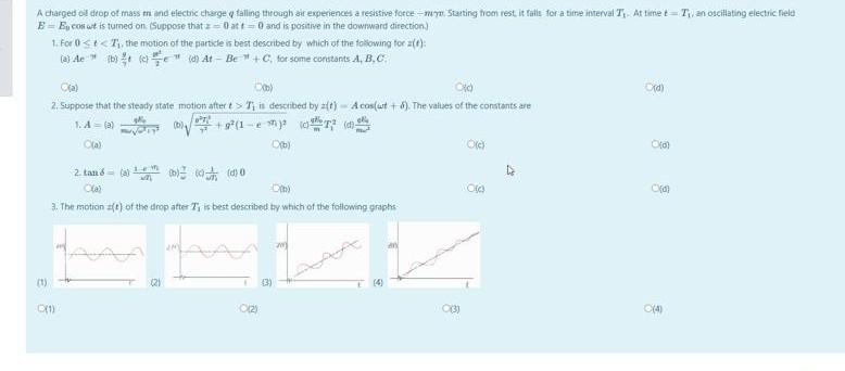A Charged Oil Drop Of Mass In And Electric Charge Q Taling Through Air Experiences A Resistive Force Mum Starting From 1