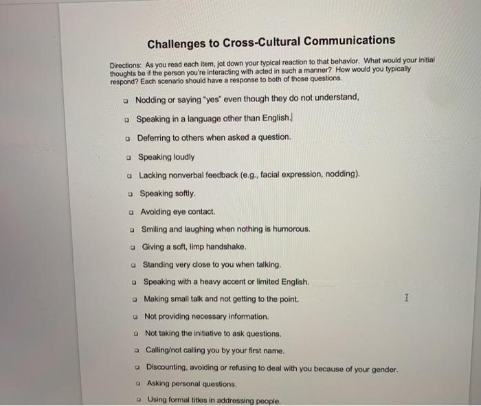 Challenges To Cross Cultural Communications Directions As You Read Each Item Jot Down Your Typical Reaction To That Be 1
