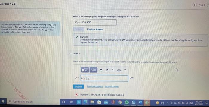 Exercise 10 34 3 Of 5 What Is The Average Power Output Of The Engineering The Story P 366 Kw Anaplane Propter Is 288 Tn 1