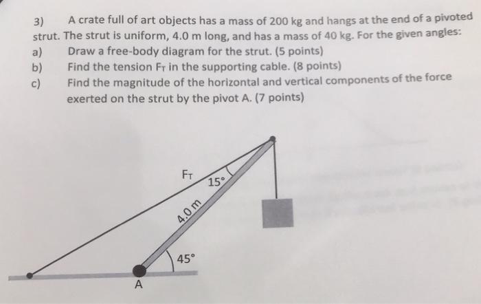 3 A Crate Full Of Art Objects Has A Mass Of 200 Kg And Hangs At The End Of A Pivoted Strut The Strut Is Uniform 4 0 M 1