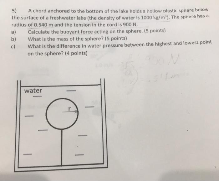 5 A Chord Anchored To The Bottom Of The Lake Holds A Hollow Plastic Sphere Below The Surface Of A Freshwater Lake The 1