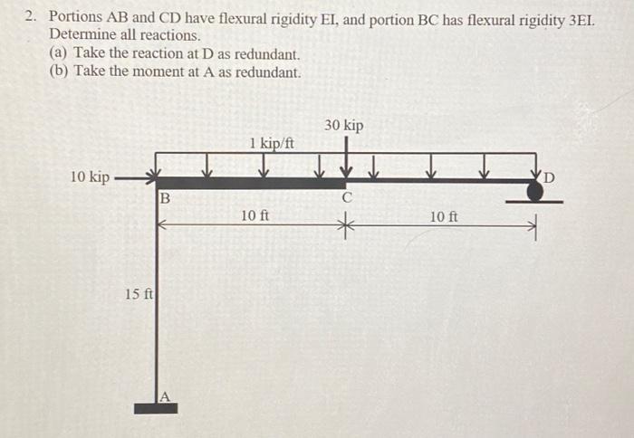 2 Portions Ab And Cd Have Flexural Rigidity El And Portion Bc Has Flexural Rigidity 3ei Determine All Reactions A 1