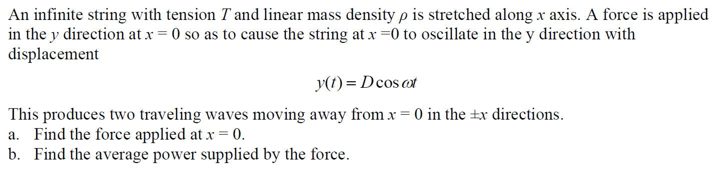 An Infinite String With Tension T And Linear Mass Density P Is Stretched Along X Axis A Force Is Applied In The Y Direc 1