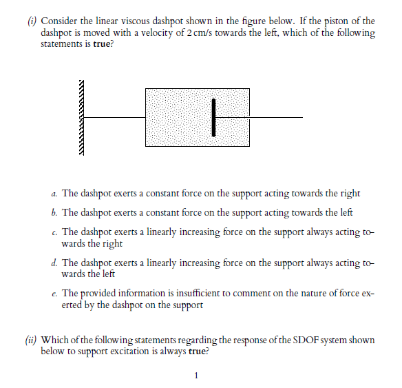 I Consider The Linear Viscous Dashpot Shown In The Figure Below If The Piston Of The Dashpot Is Moved With A Velocity 1
