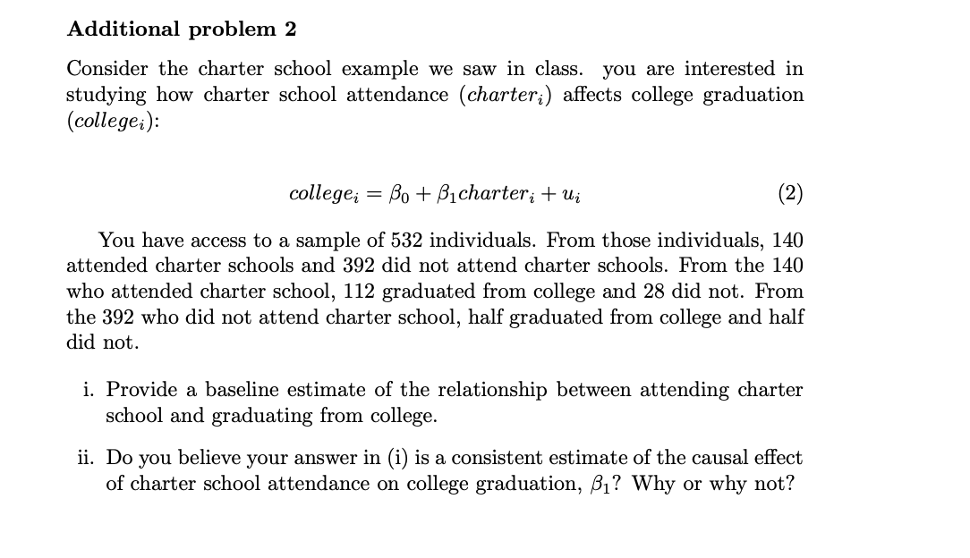 Additional Problem 2 Consider The Charter School Example We Saw In Class You Are Interested In Studying How Charter Sch 1