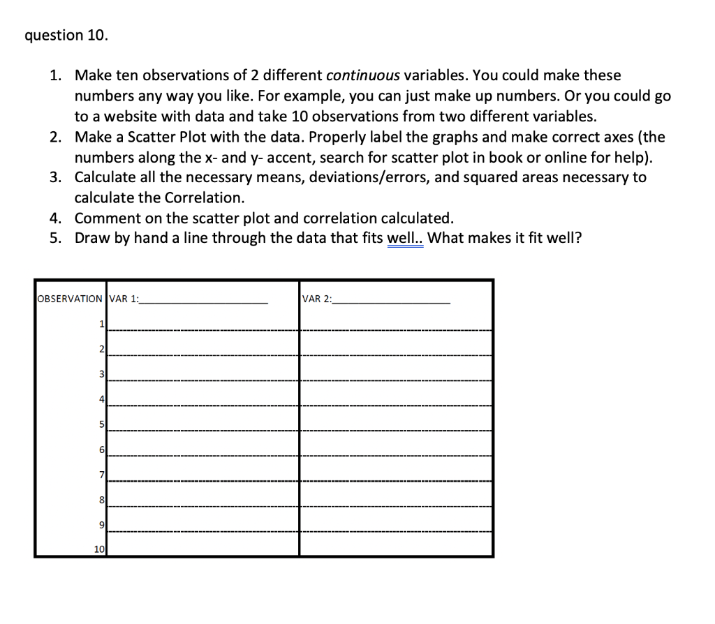 Question 10 1 Make Ten Observations Of 2 Different Continuous Variables You Could Make These Numbers Any Way You Like 1