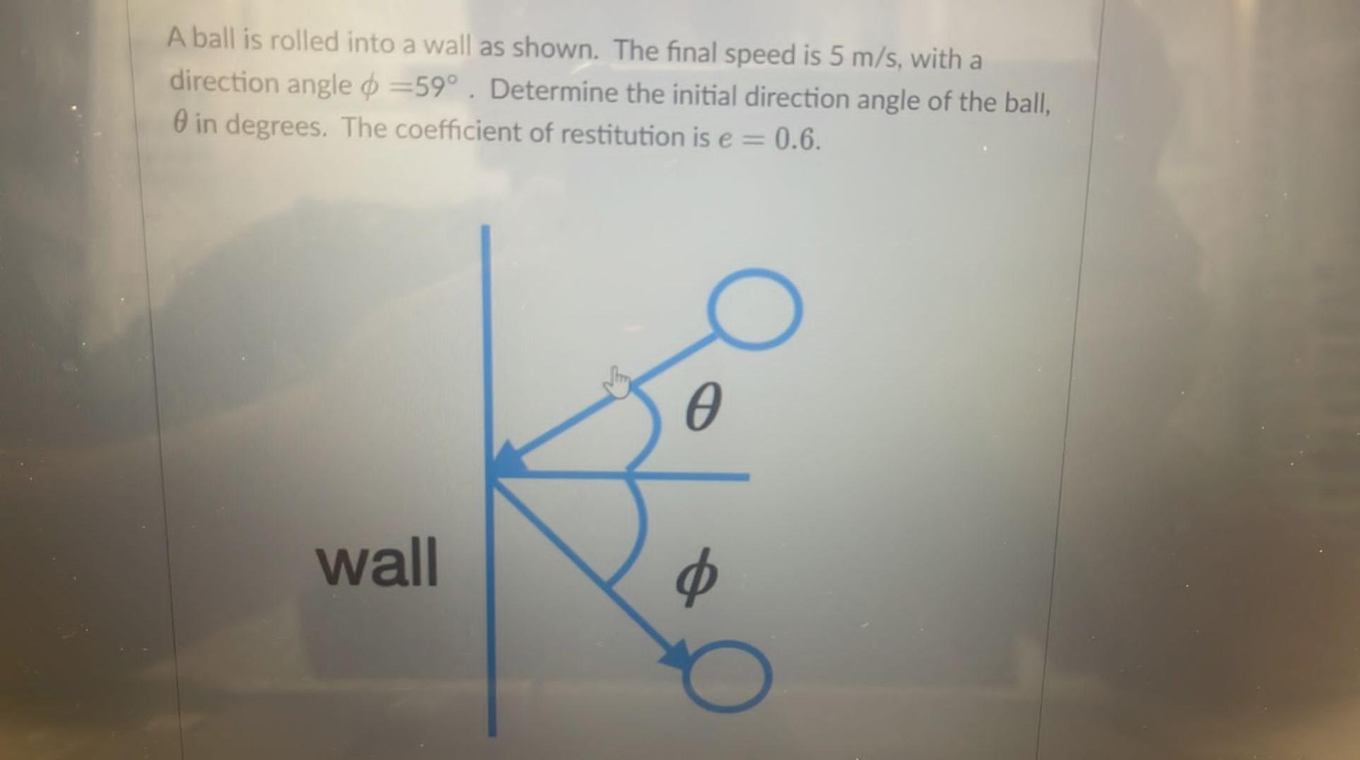 A Ball Is Rolled Into A Wall As Shown The Final Speed Is 5 M S With A Direction Angle O 59o Determine The Initial Di 1