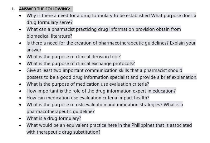 1 Answer The Following Why Is There A Need For A Drug Formulary To Be Established What Purpose Does A Drug Formulary 1