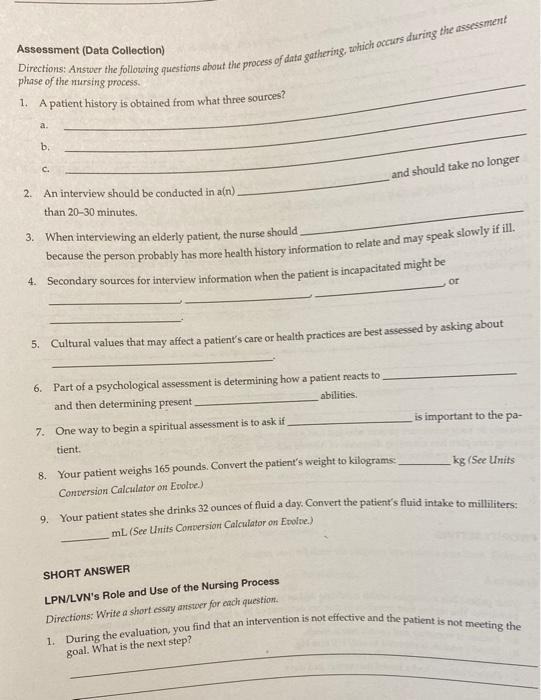 Assessment Data Collection Directions Arster The Following Questions About The Process Of Data Gathering Och Occurs D 1