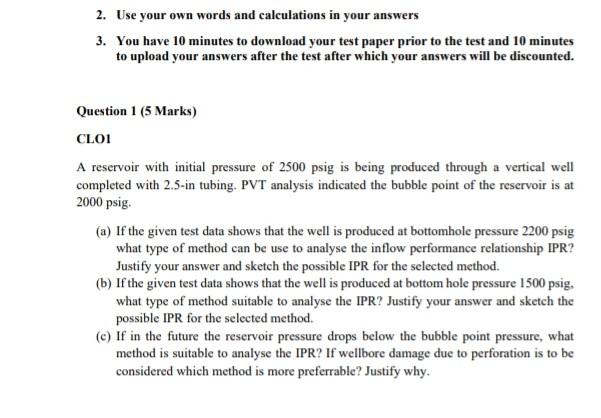 2 Use Your Own Words And Calculations In Your Answers 3 You Have 10 Minutes To Download Your Test Paper Prior To The T 1
