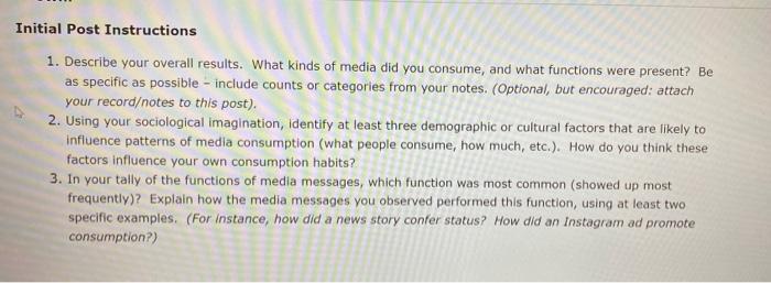 Initial Post Instructions 1 Describe Your Overall Results What Kinds Of Media Did You Consume And What Functions Were 1