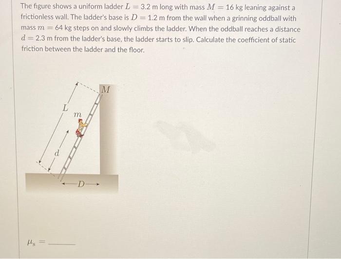 The Figure Shows A Uniform Ladder L 3 2 M Long With Mass M 16 Kg Leaning Against A Frictionless Wall The Ladder S B 1