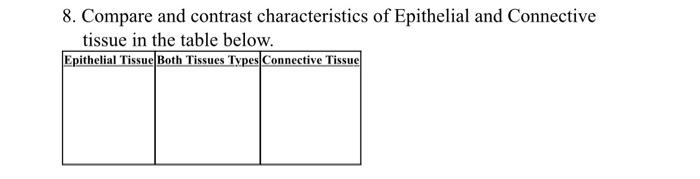 8 Compare And Contrast Characteristics Of Epithelial And Connective Tissue In The Table Below Epithelial Tissue Both T 1