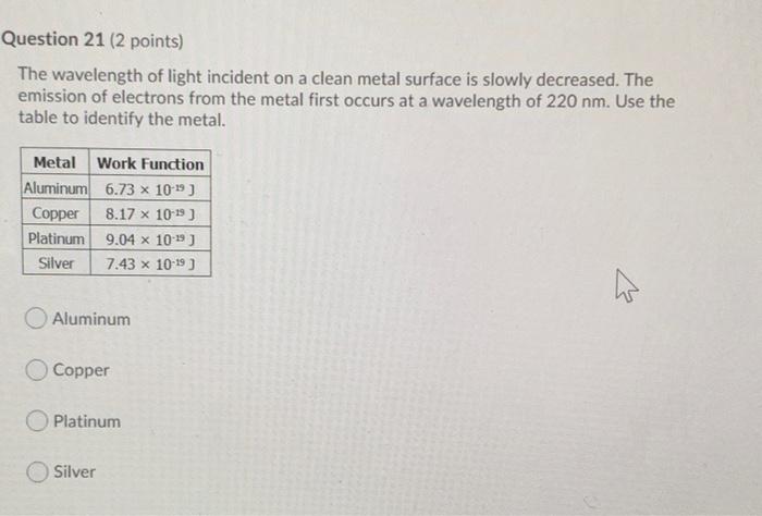 Question 21 2 Points The Wavelength Of Light Incident On A Clean Metal Surface Is Slowly Decreased The Emission Of El 1