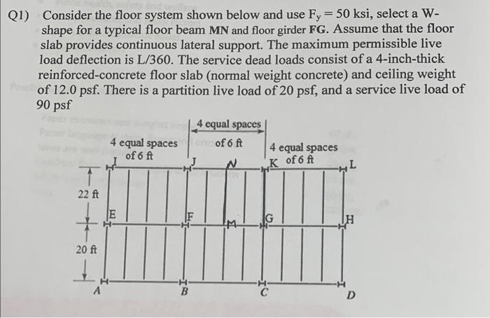 Q1 Consider The Floor System Shown Below And Use Fy 50 Ksi Select A W Shape For A Typical Floor Beam Mn And Floor G 3