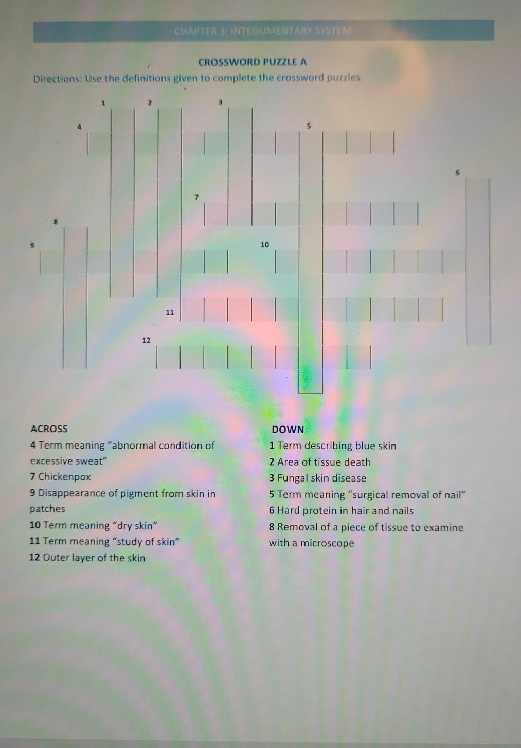 Chapter 3 Integumentary System Crossword Puzzle A Directions Use The Definitions Given To Complete The Crossword Puzzl 1