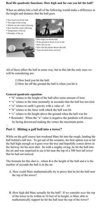 Real Life Quadratic Functions How High And Far Can You Hit The Ball When An Athlete Hits A Ball All Of The Following W 1