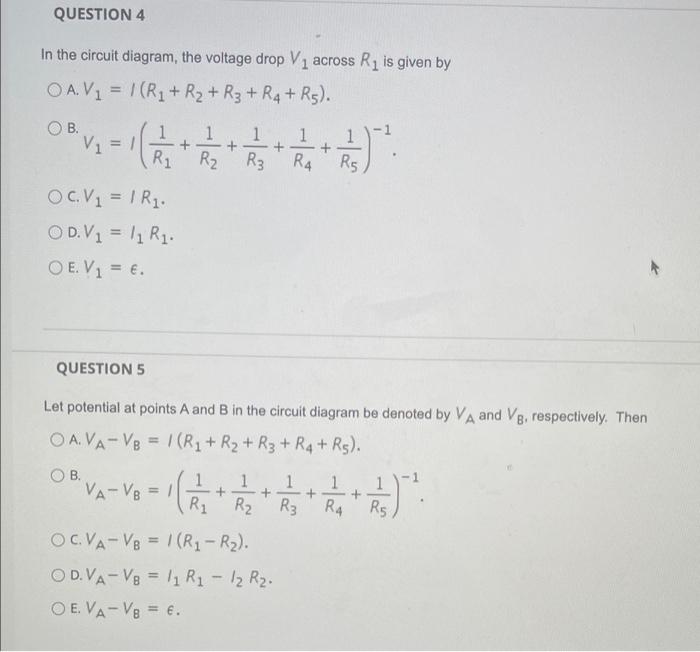 Question 4 In The Circuit Diagram The Voltage Drop V1 Across Ry Is Given By Oav1 1 R1 R2 R3 R4 Rs Ob 1 Vi 1