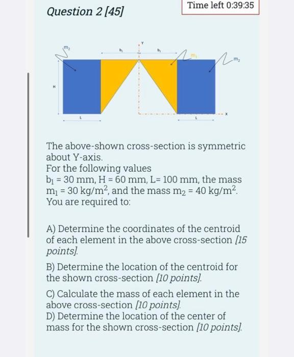 Time Left 0 39 35 Question 2 45 The Above Shown Cross Section Is Symmetric About Y Axis For The Following Values Bi 1