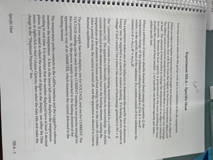Lab 12 Experiment Xii A Specific Heat You May Need To Start With The Group Work Due To Availability Of The Lab Equipme 1