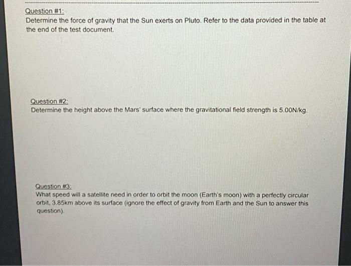 Question 1 Determine The Force Of Gravity That The Sun Exerts On Pluto Refer To The Data Provided In The Table At The 1
