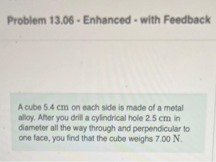 Problem 13 06 Enhanced With Feedback A Cube 5 4 Cm On Each Side Is Made Of A Metal Alloy After You Drill A Cylindri 1