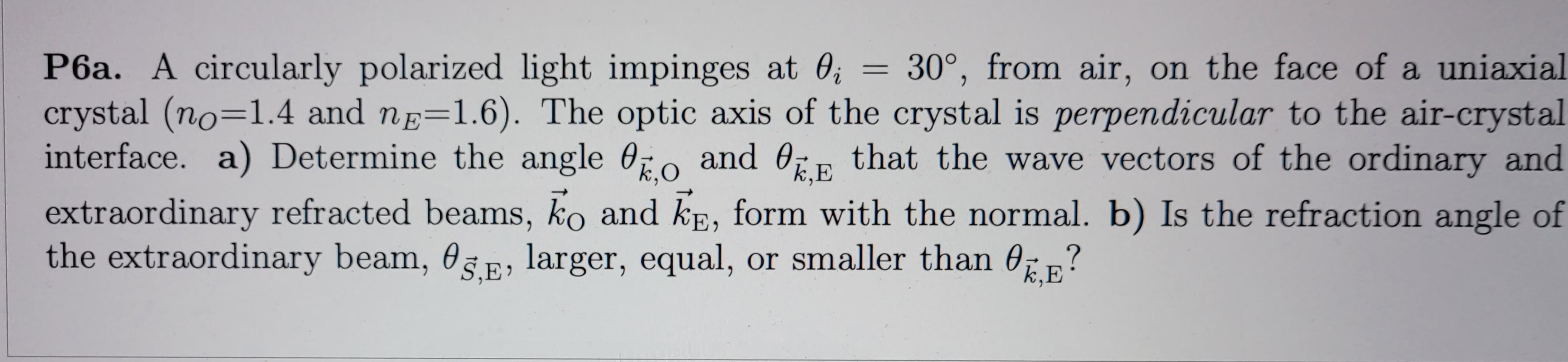 2 2 P6a A Circularly Polarized Light Impinges At O 30 From Air On The Face Of A Uniaxial Crystal No 1 4 And Ne 1 1