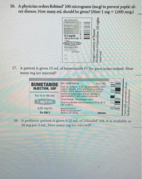 16 A Physician Orders Robinuls 100 Micrograms Mcg To Prevent Peptic Ul Cer Disease How Many Ml Should Be Given Hi 1
