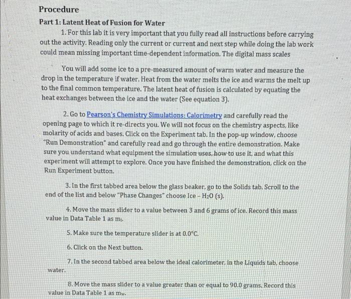 Procedure Part 1 Latent Heat Of Fusion For Water 1 For This Lab It Is Very Important That You Fully Read All Instructi 1
