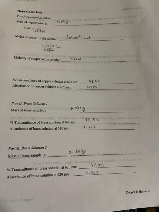 Data Collection Part I Standard Solution Mass Of Copper Wire 8 6 6 5919 63 54 Moles Of Copper In The Solution 1 09x 1